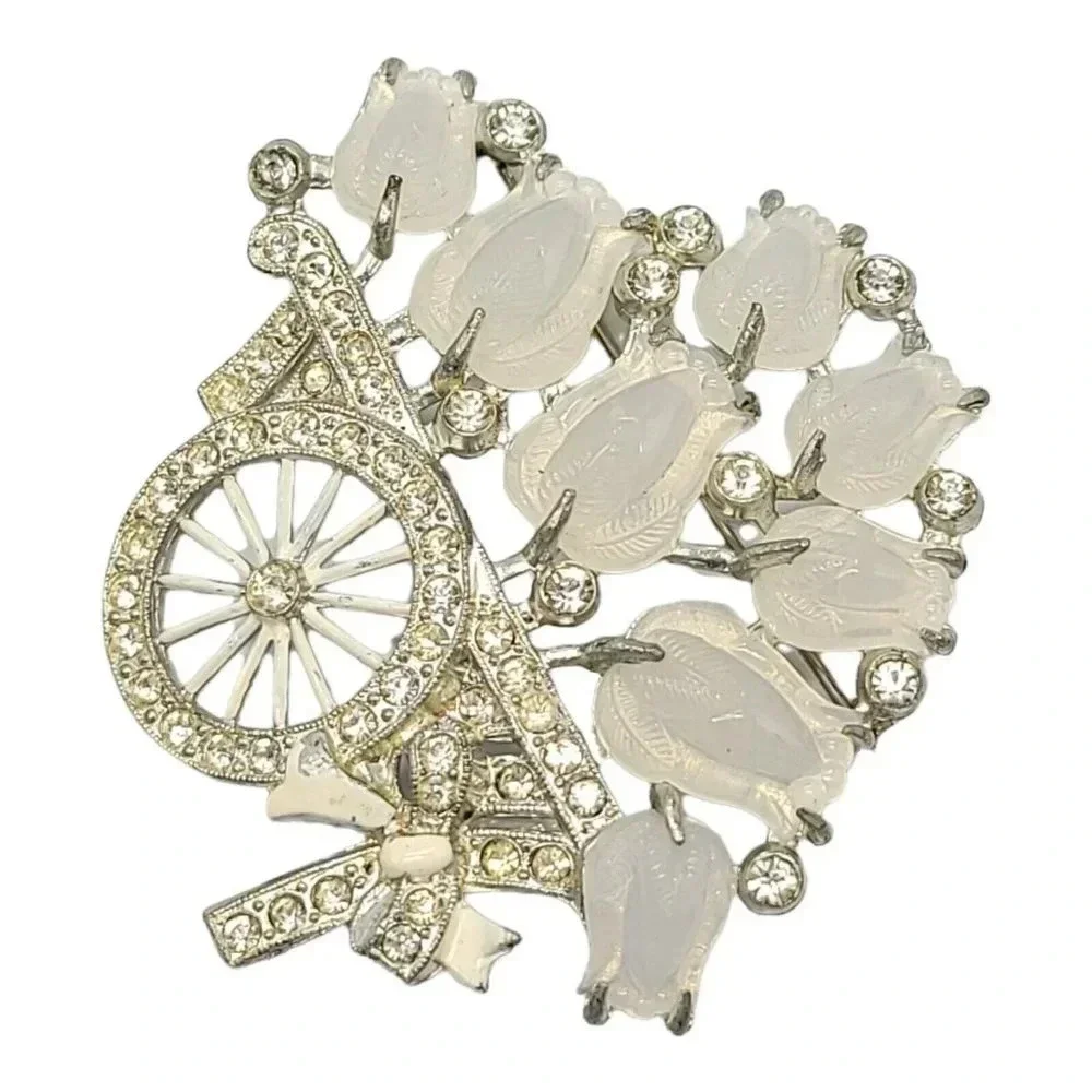 Pave White Enamel Moonstone Fruit Salad Flower Basket Cart Wheelbarrow Bow Pin